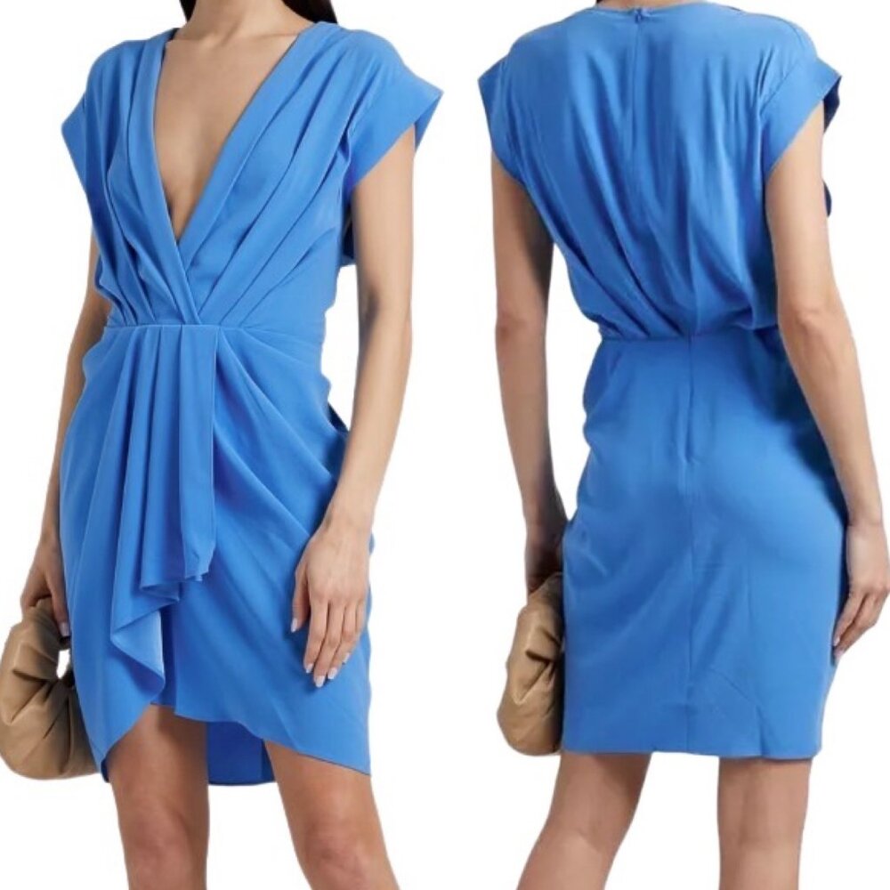 IRO Garm V Neck Wrap-Effect Pleated Crepe Cap Sleeve Mini Dress in Azure Blue